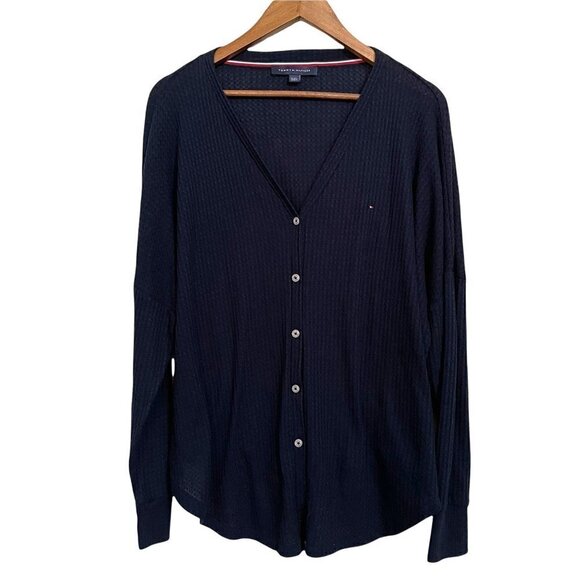 Tommy Hilfiger Women's Blue Waffle Knit Thermal Lightweight Button Cardigan XL - Picture 1 of 8